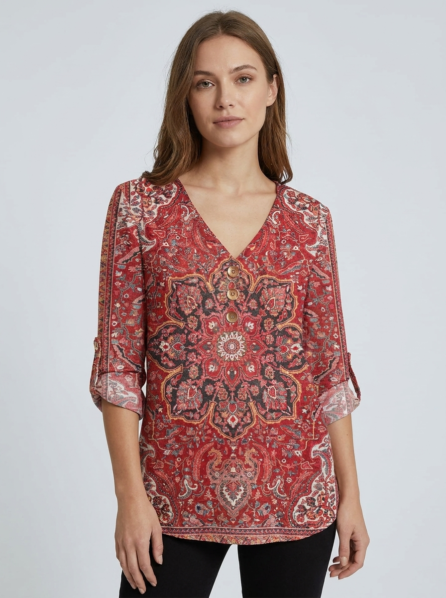 Freya | Women's V-Neck Blouse | Bohemian Print-Eltrendio