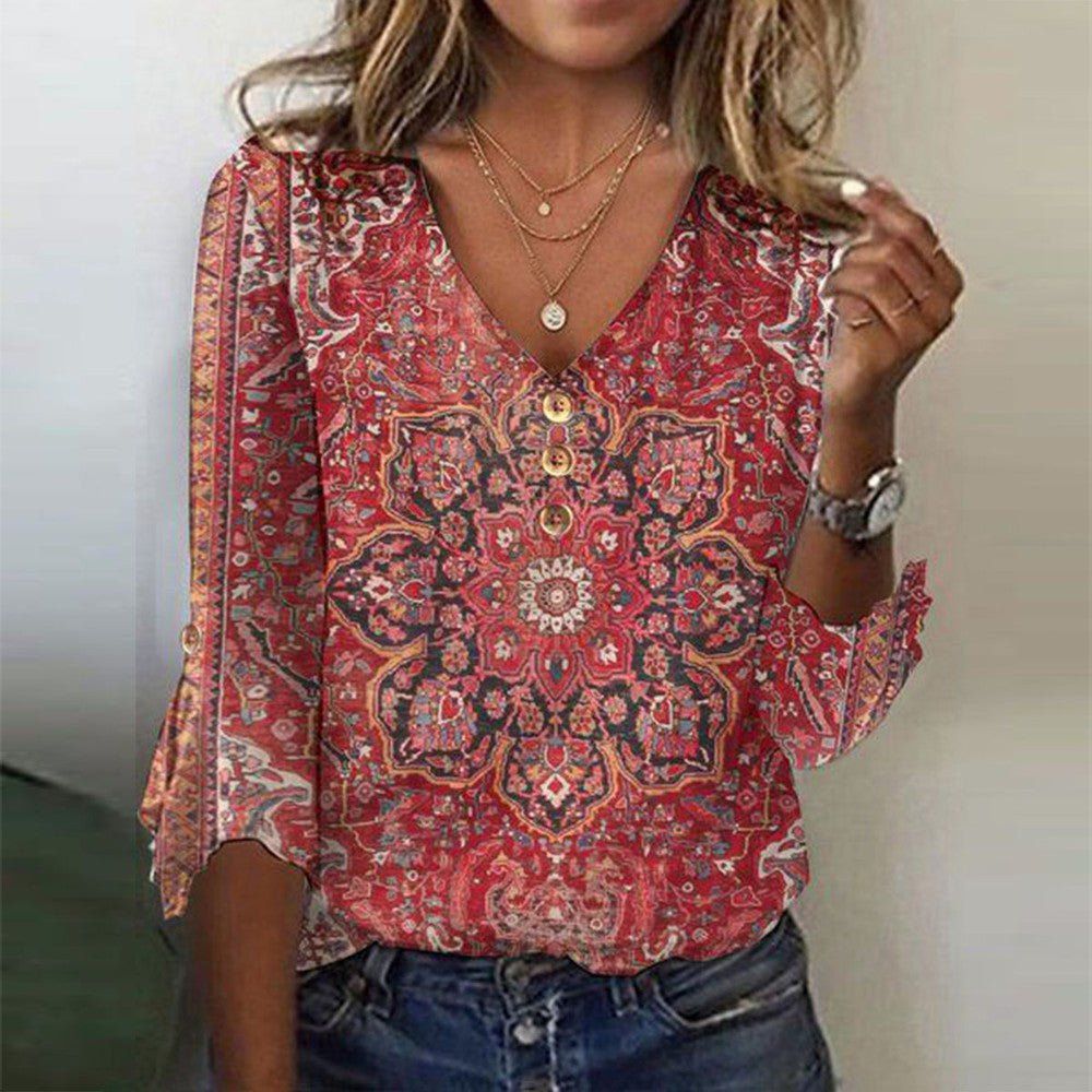 Freya | Women's V-Neck Blouse | Bohemian Print · Eltrendio