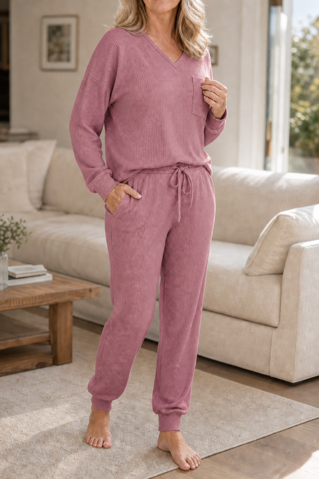 Freya | Women's V-Neck Loungewear Set | Drawstring Joggers · Eltrendio