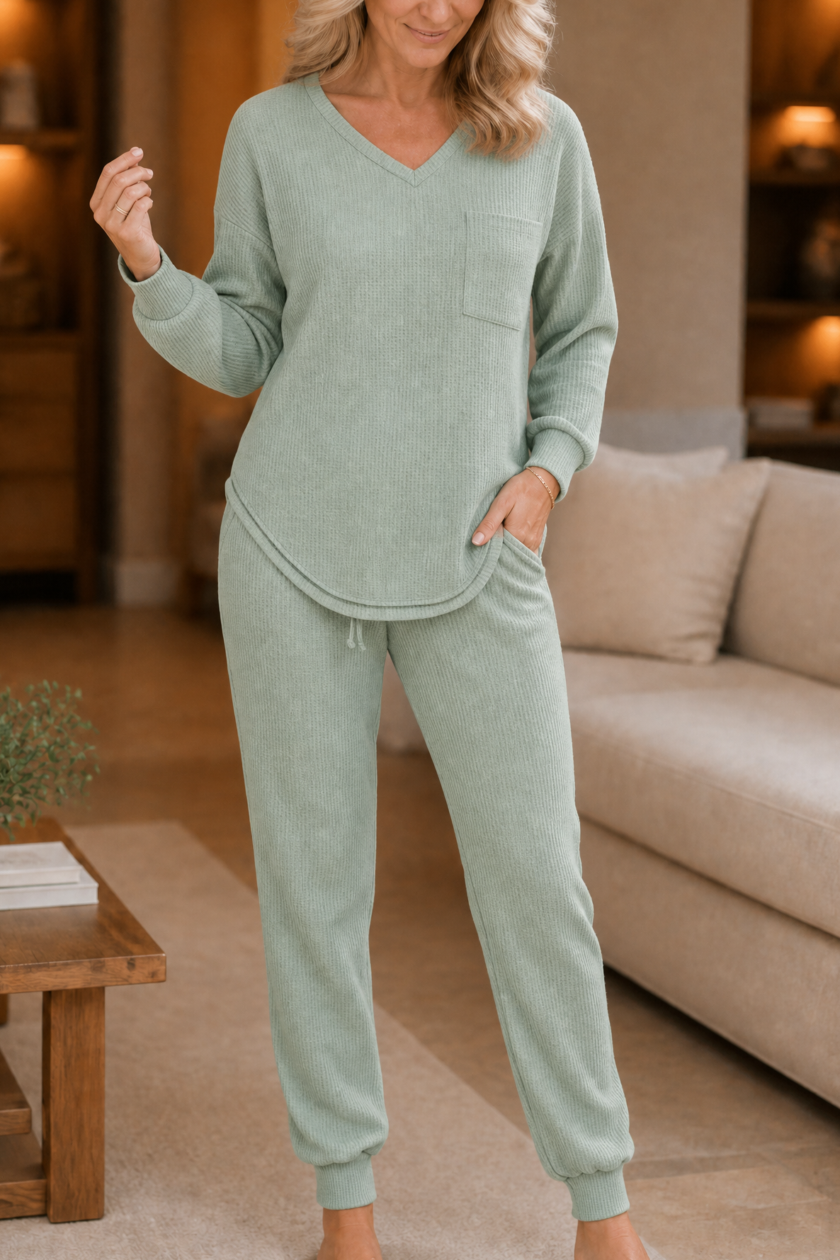Freya | Women's V-Neck Loungewear Set | Drawstring Joggers · Eltrendio