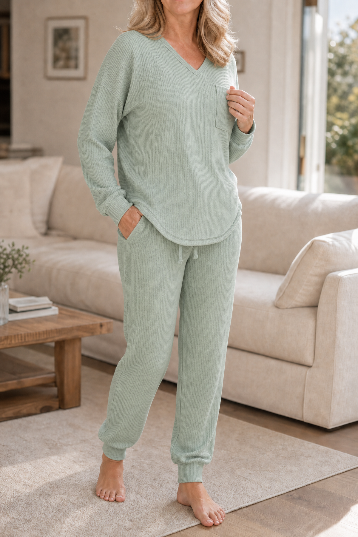 Freya | Women's V-Neck Loungewear Set | Drawstring Joggers · Eltrendio