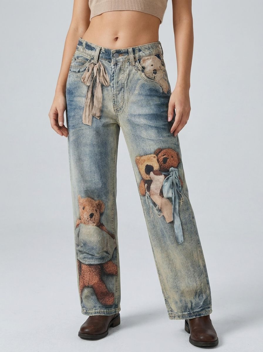 Freya | Women's Wide-Leg Jeans | Teddy Bear Print · Eltrendio