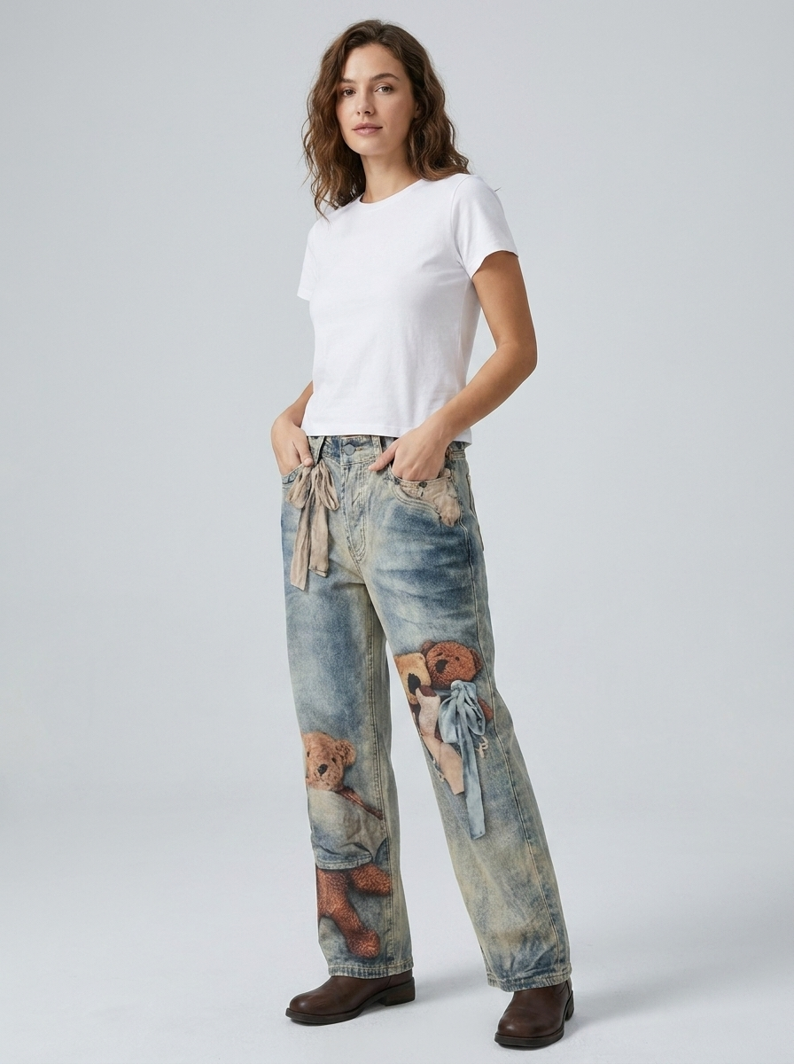 Freya | Women's Wide-Leg Jeans | Teddy Bear Print · Eltrendio