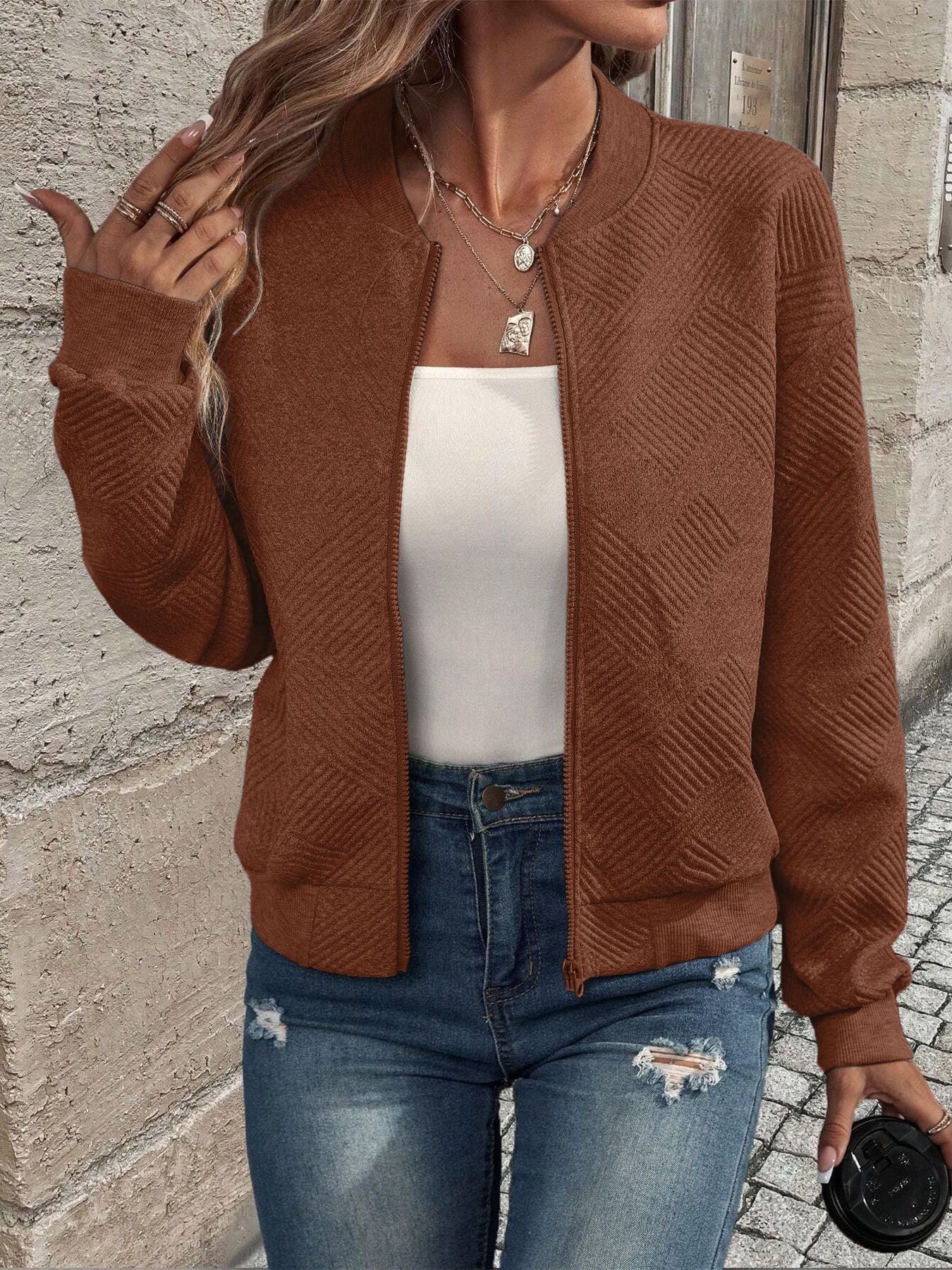 Freya | Women's Zip-Up Bomber Jacket | Textured Knit · Eltrendio
