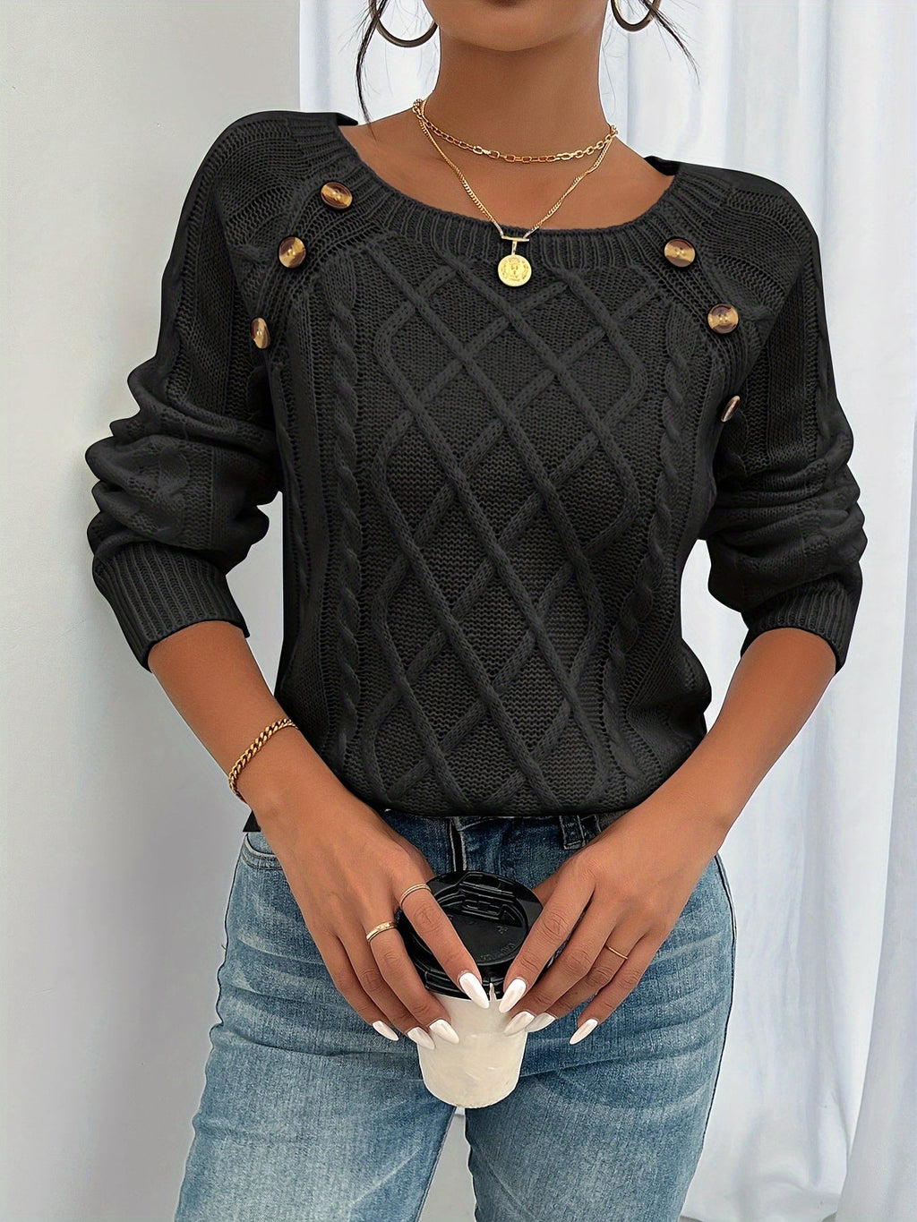 Heather | Women's Cable-Knit Jumper | Button Detail · Eltrendio
