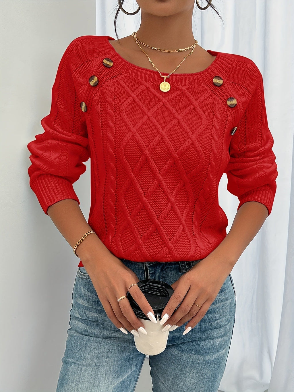 Heather | Women's Cable-Knit Jumper | Button Detail · Eltrendio