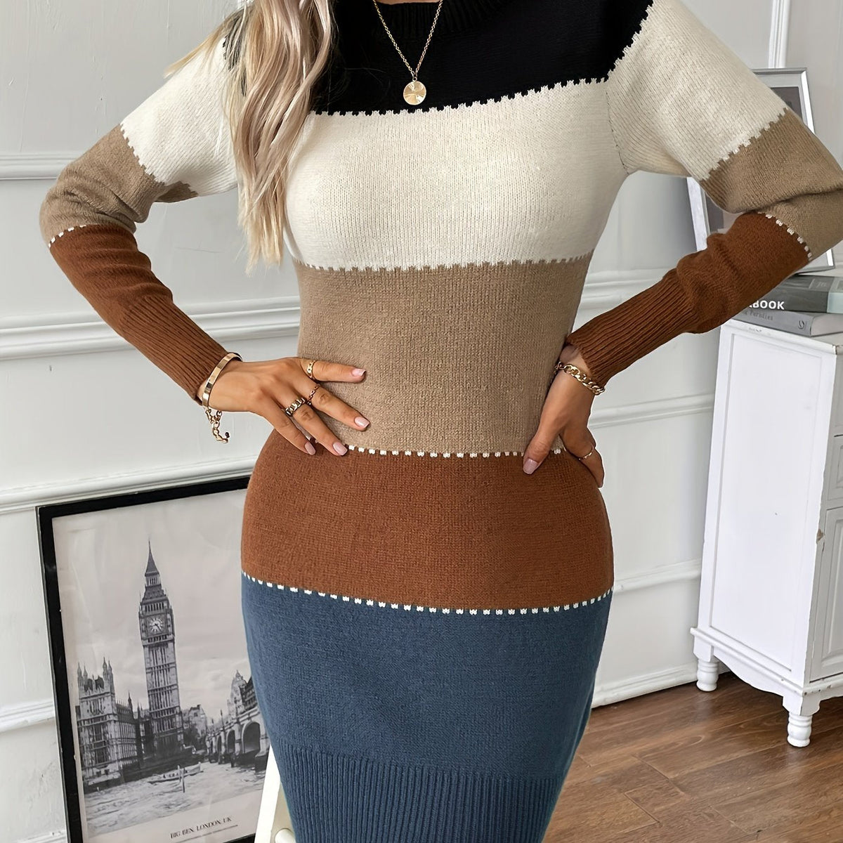 Isla | Women's Colour Block Jumper Dress | Crew Neck · Eltrendio