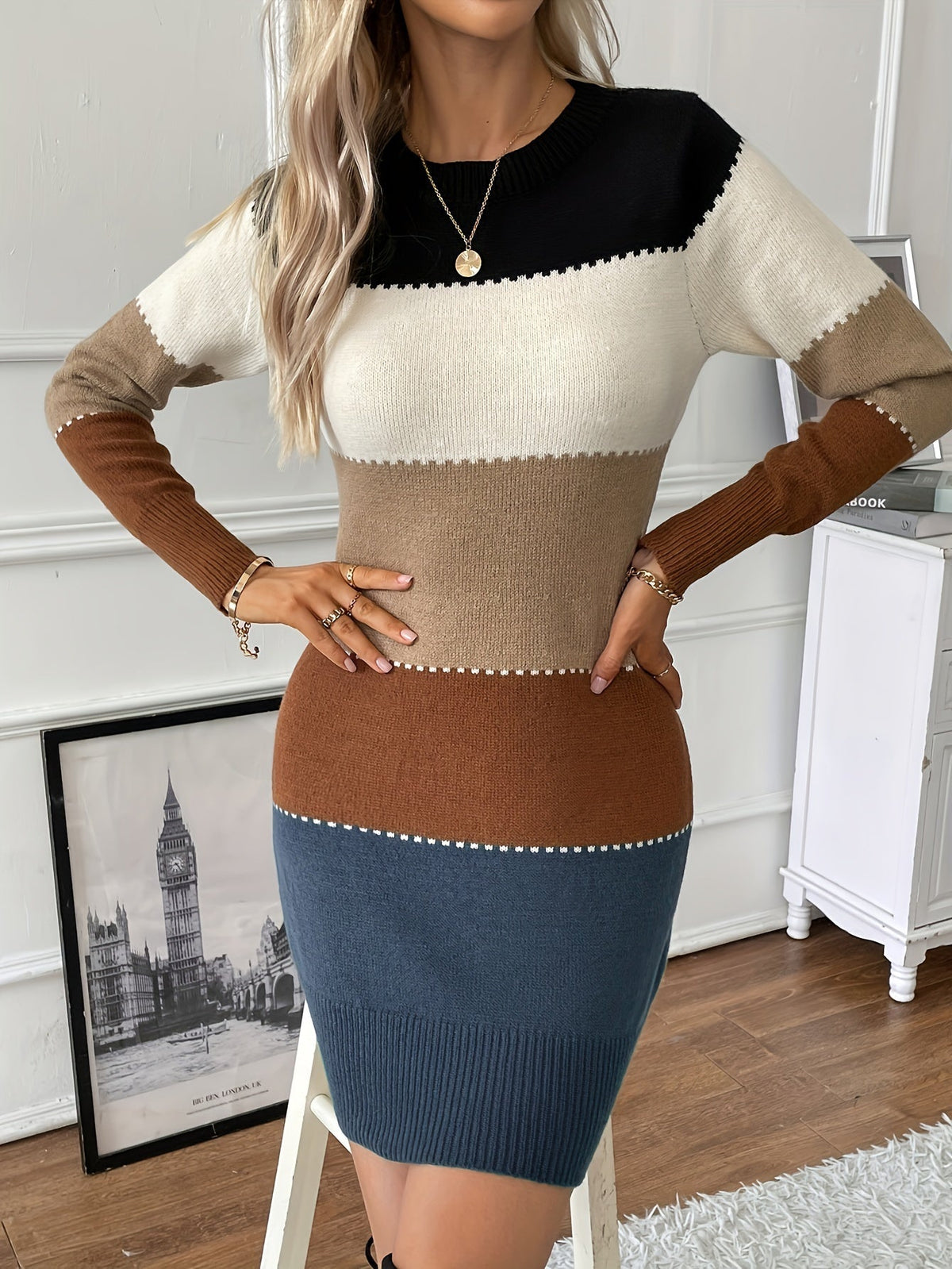 Isla | Women's Colour Block Jumper Dress | Crew Neck · Eltrendio