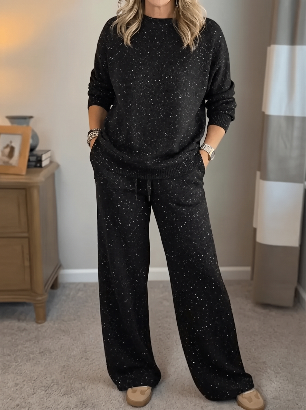 Isla | Women's Crew Neck Loungewear Set | Wide-Leg Trousers-Eltrendio