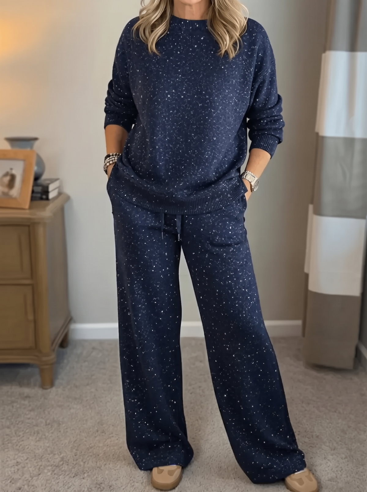 Isla | Women's Crew Neck Loungewear Set | Wide-Leg Trousers-Eltrendio