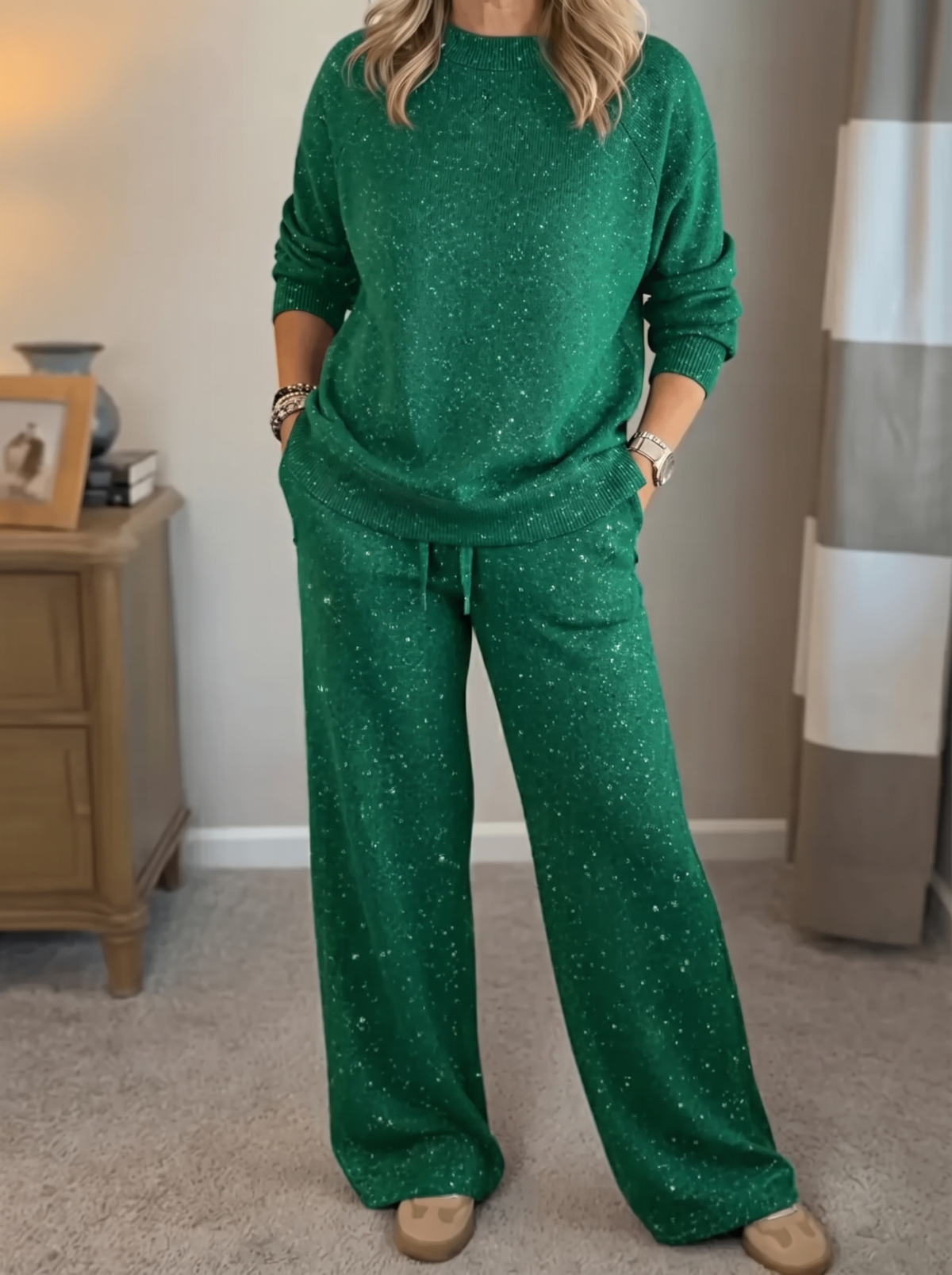 Isla | Women's Crew Neck Loungewear Set | Wide-Leg Trousers-Eltrendio