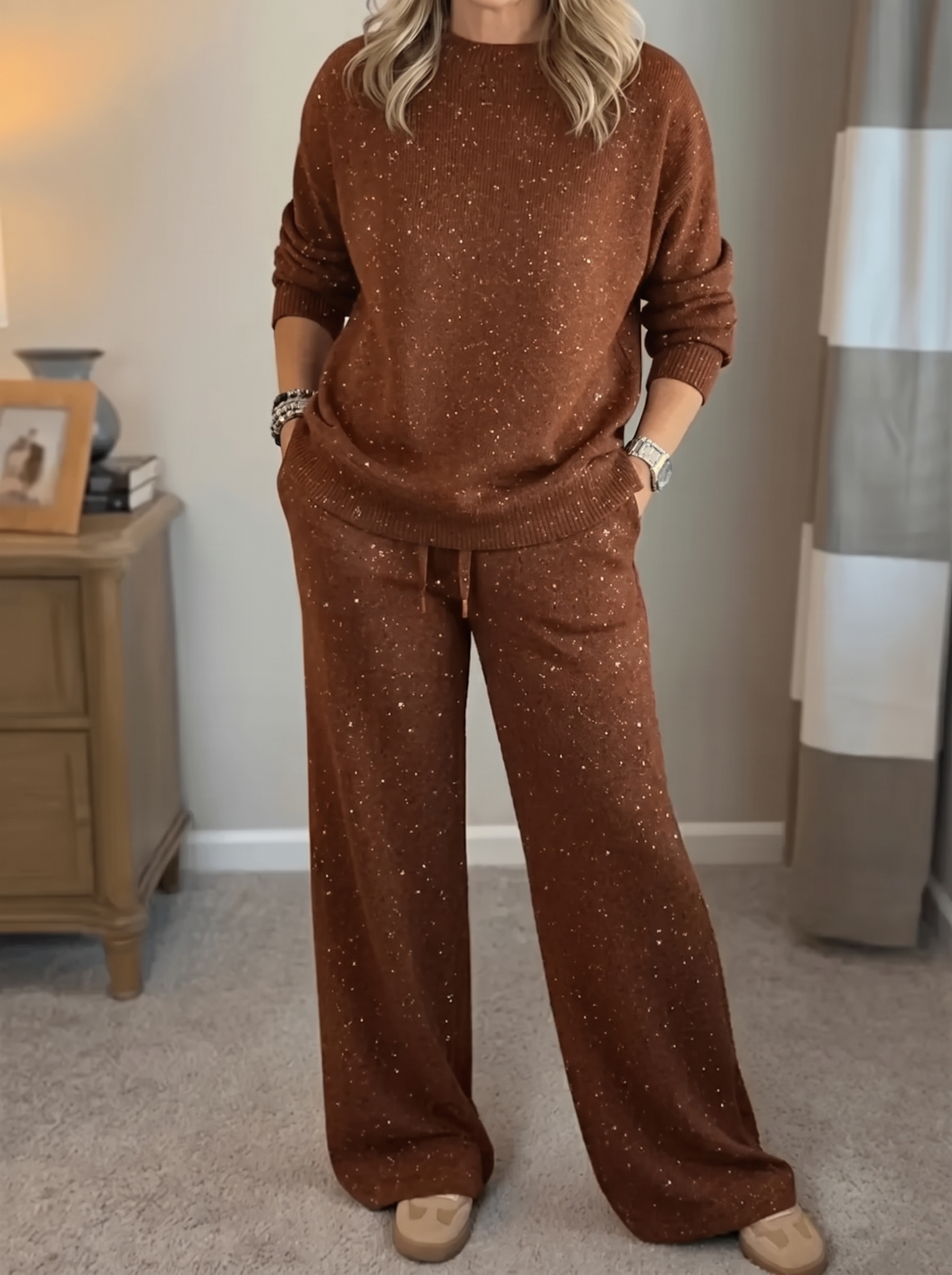 Isla | Women's Crew Neck Loungewear Set | Wide-Leg Trousers-Eltrendio