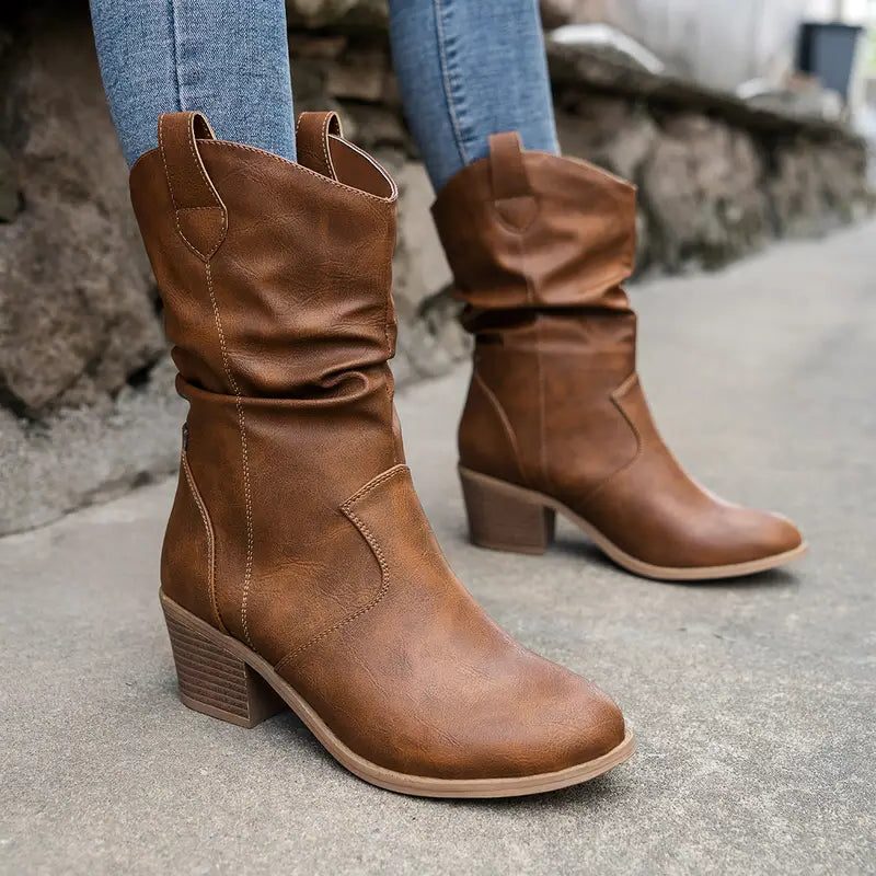 Isla | Women's Slouchy Mid-Calf Boots | Block Heel · Eltrendio