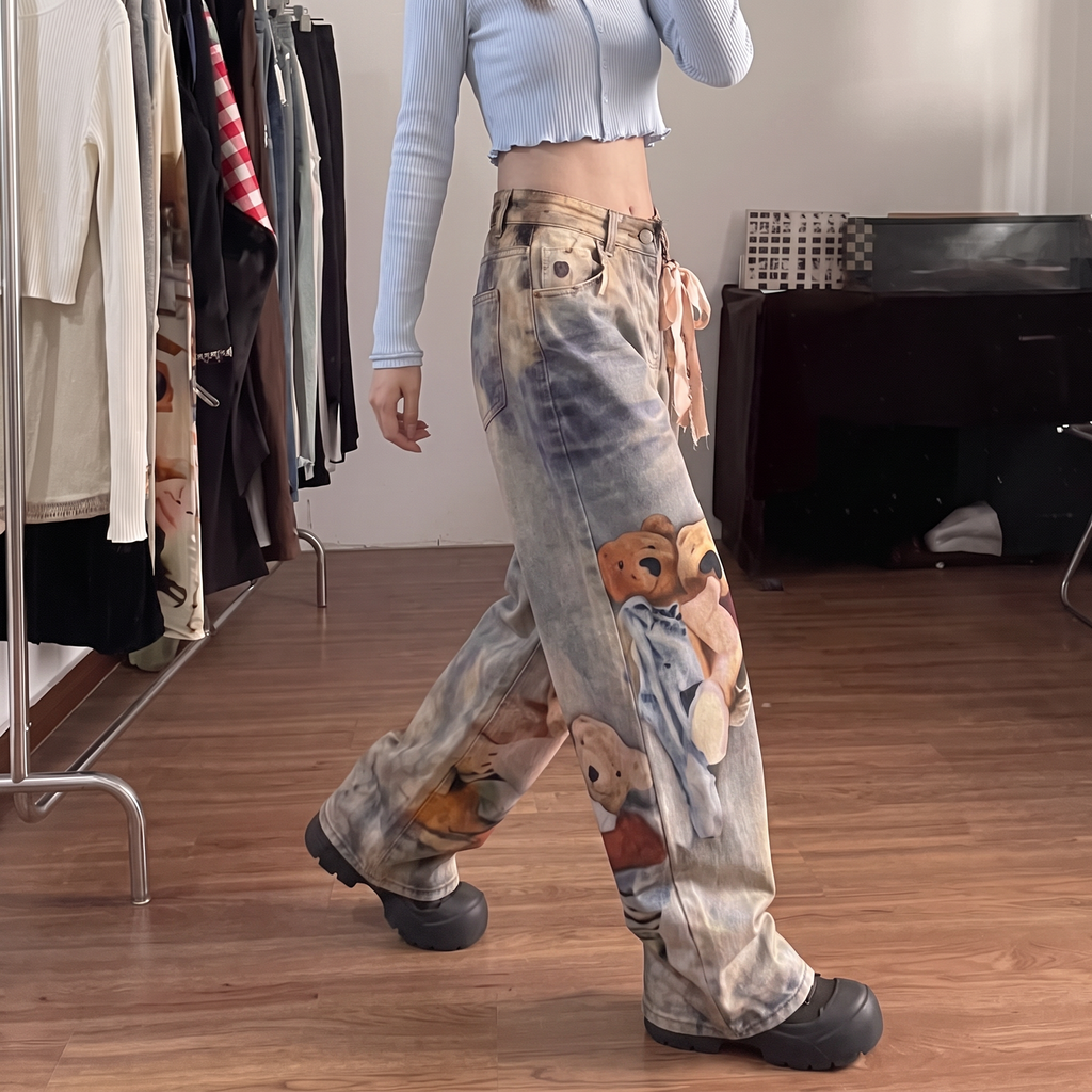 Isla | Women's Wide-Leg Jeans | Bear Print · Eltrendio