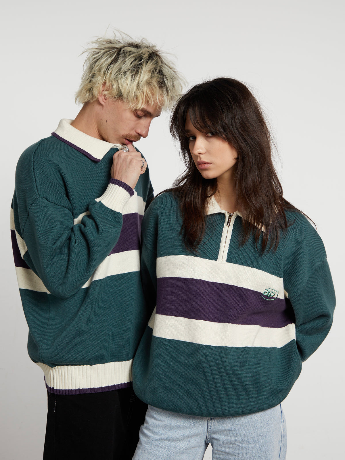Milo | Unisex Half Zip Polo Sweater | Oversized Striped Knit Y2K Style-Eltrendio