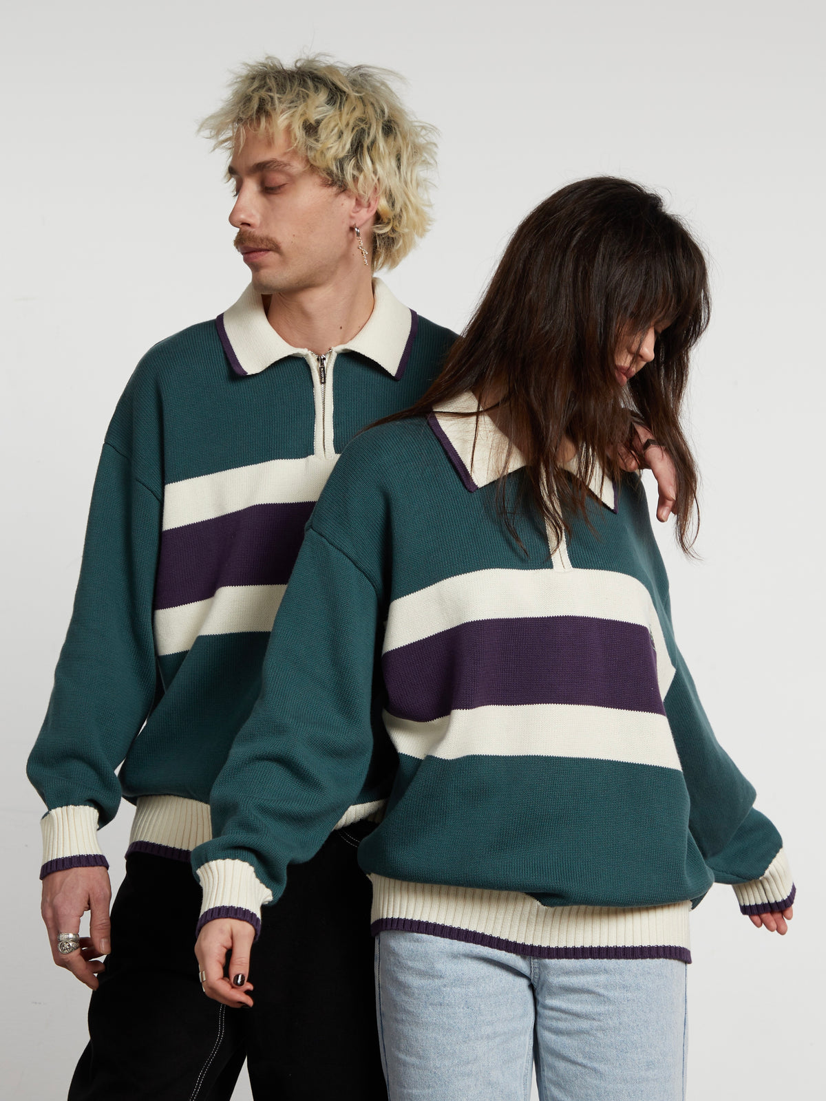 Milo | Unisex Half Zip Polo Sweater | Oversized Striped Knit Y2K Style-Eltrendio