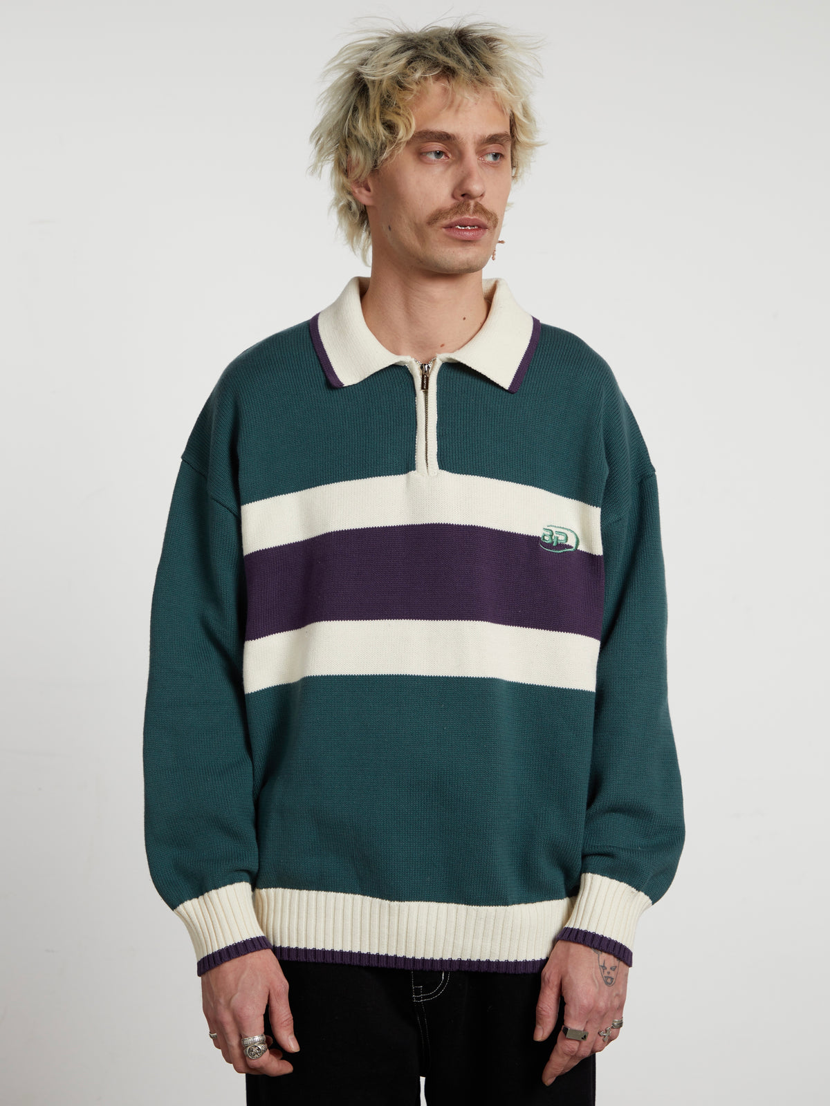 Milo | Unisex Half Zip Polo Sweater | Oversized Striped Knit Y2K Style-Eltrendio