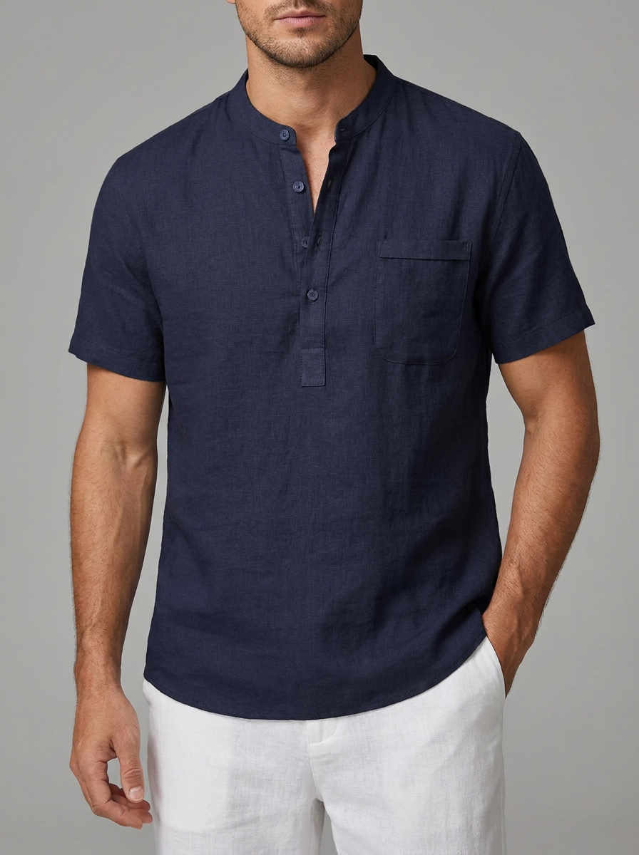 Ethan | Men's Band Collar Henley Shirt | Chest Pocket-Eltrendio