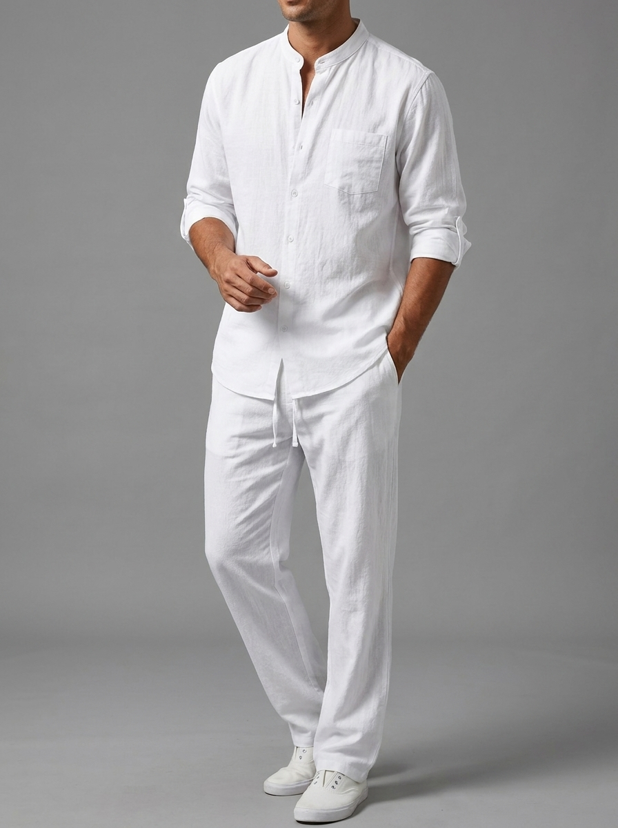 Oliver | Men's Band Collar Shirt Set | Chest Pocket-Eltrendio