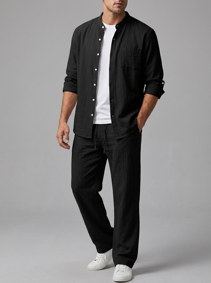 Oliver | Men's Band Collar Shirt Set | Chest Pocket-Eltrendio
