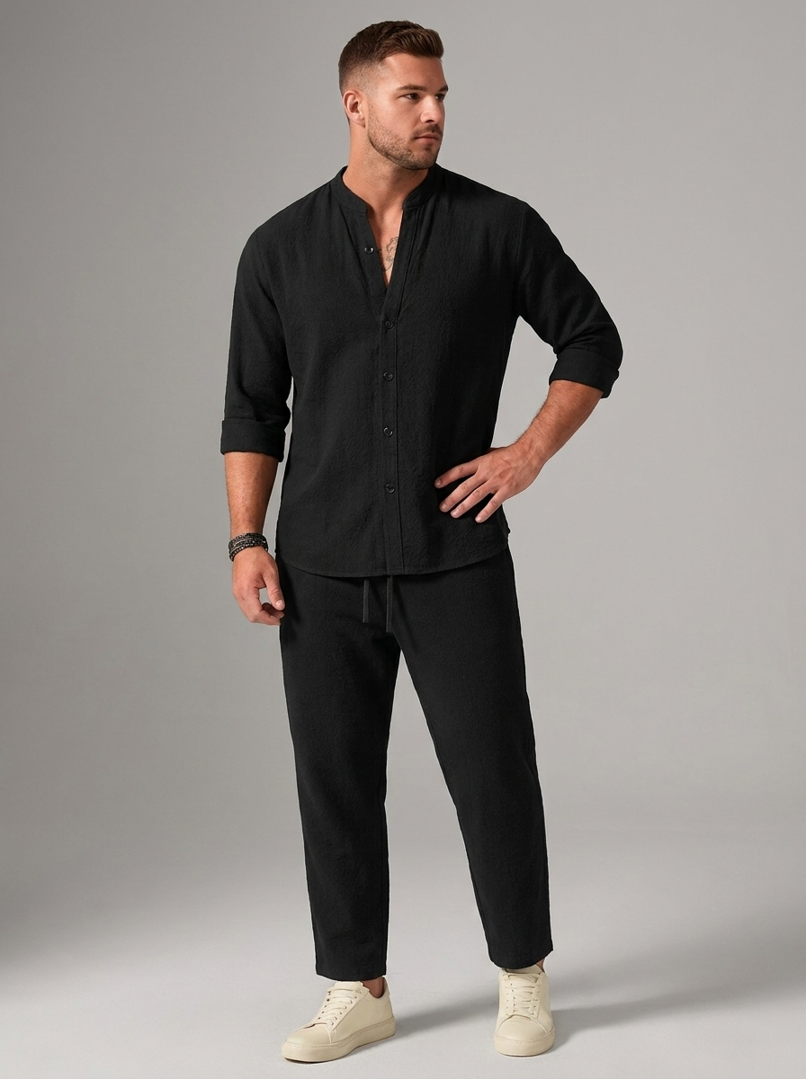 Hudson | Men's Band Collar Shirt Trousers Set | Relaxed Fit-Eltrendio