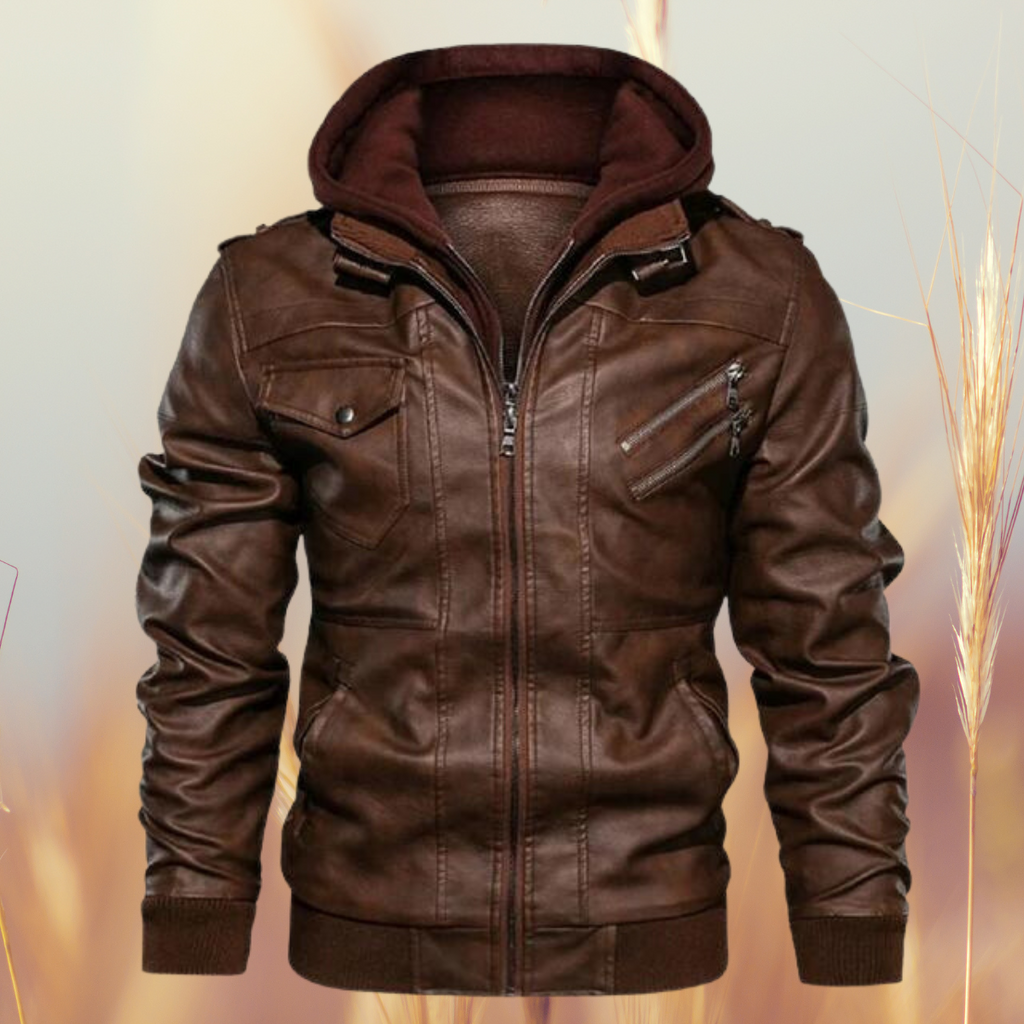 Oliver | Men's Biker Leather Jacket | Removable Hood · Eltrendio