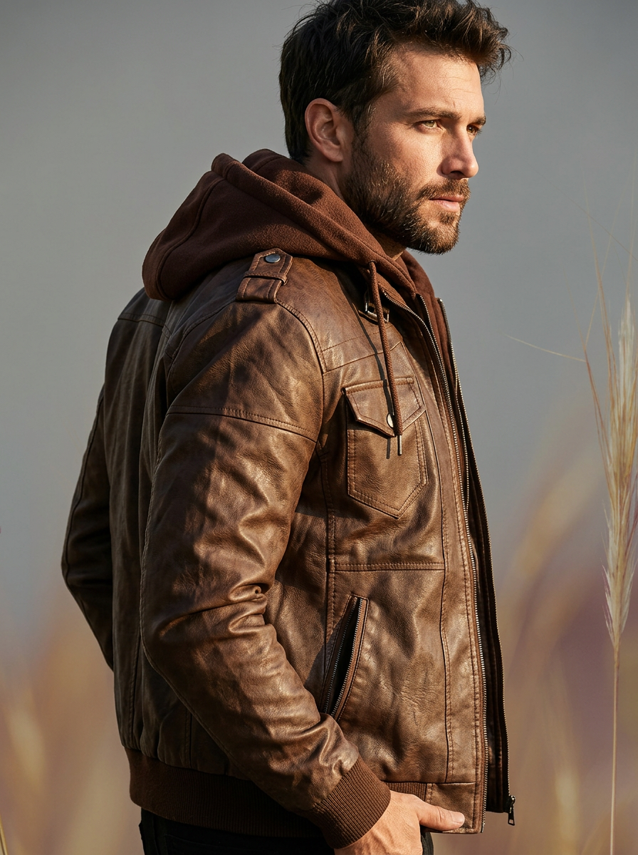 Isaac | Men's Biker Leather Jacket | Removable Hood-Eltrendio