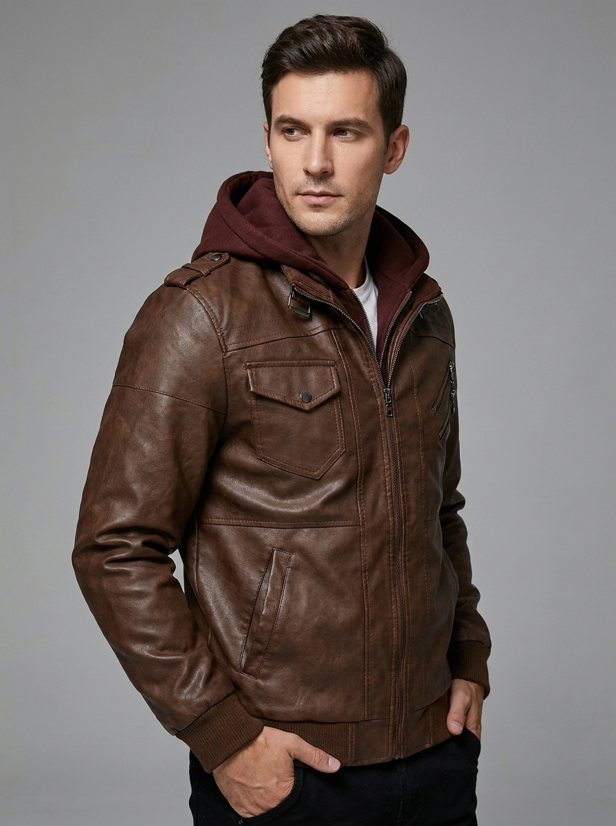 Isaac | Men's Biker Leather Jacket | Removable Hood-Eltrendio