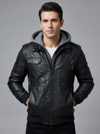 Isaac | Men's Biker Leather Jacket | Removable Hood-Eltrendio