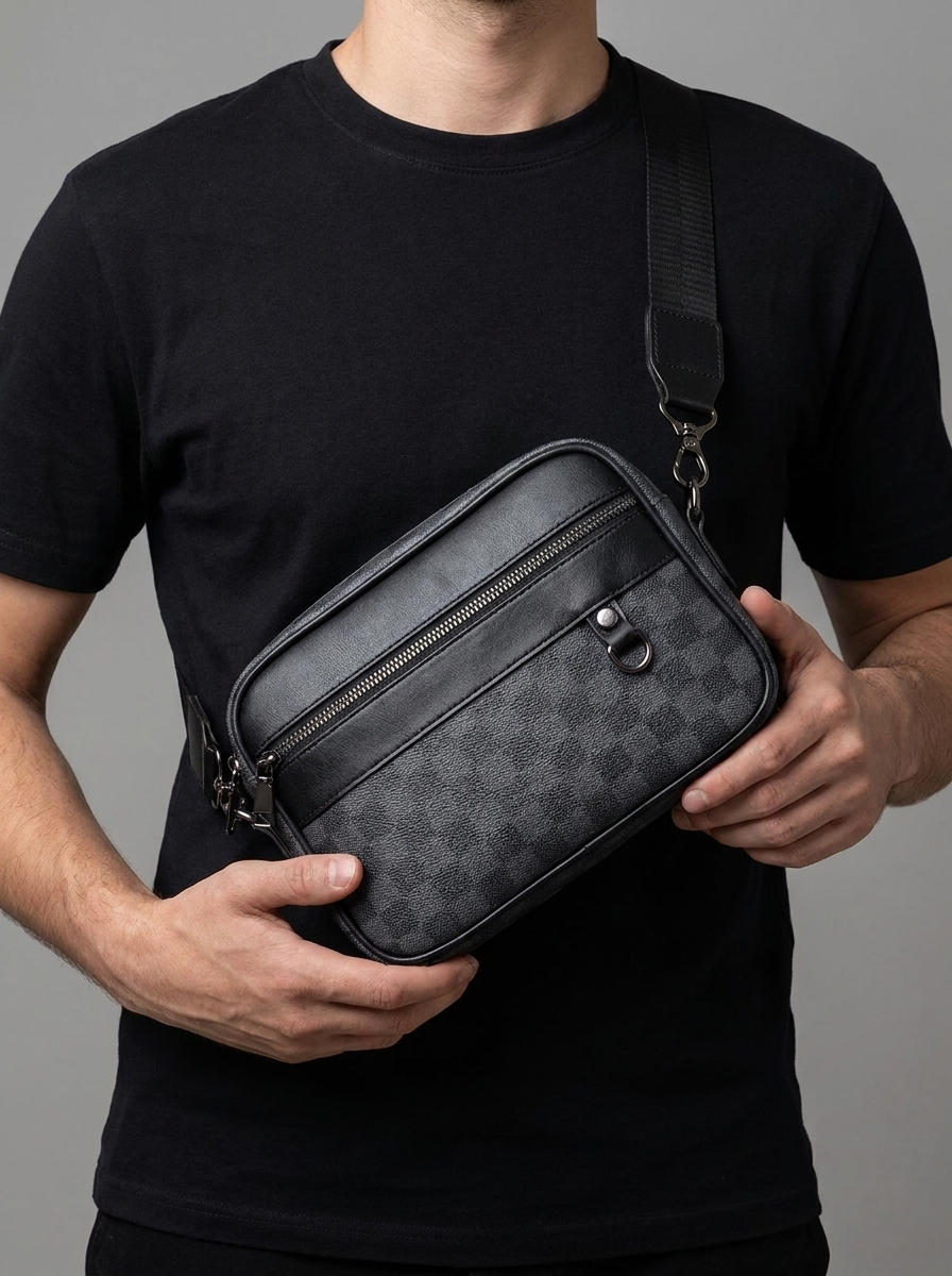 James | Men's Crossbody Messenger Bag | Checked Leather-Eltrendio