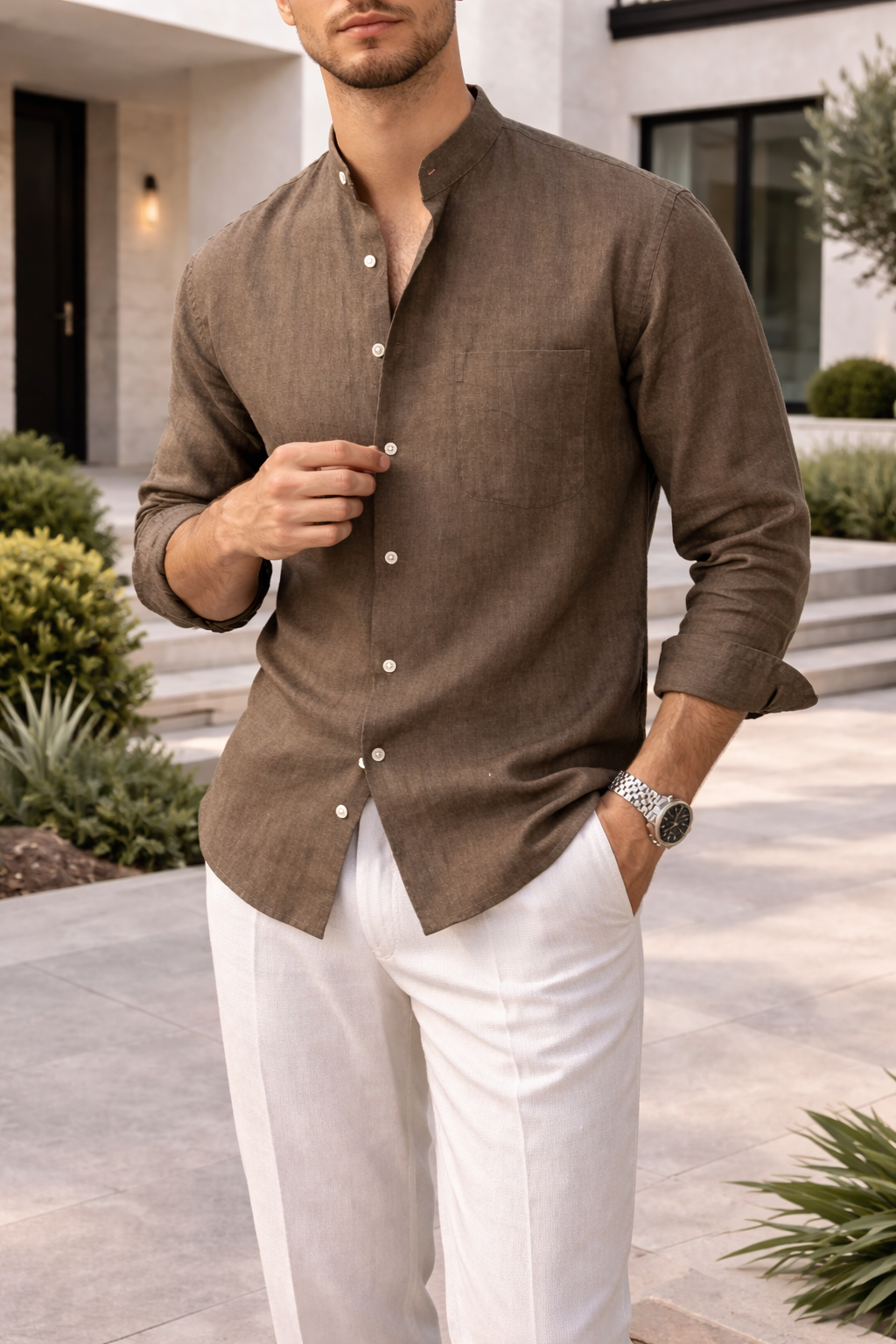 Oliver | Men's Grandad Collar Shirt | Linen Blend · Eltrendio