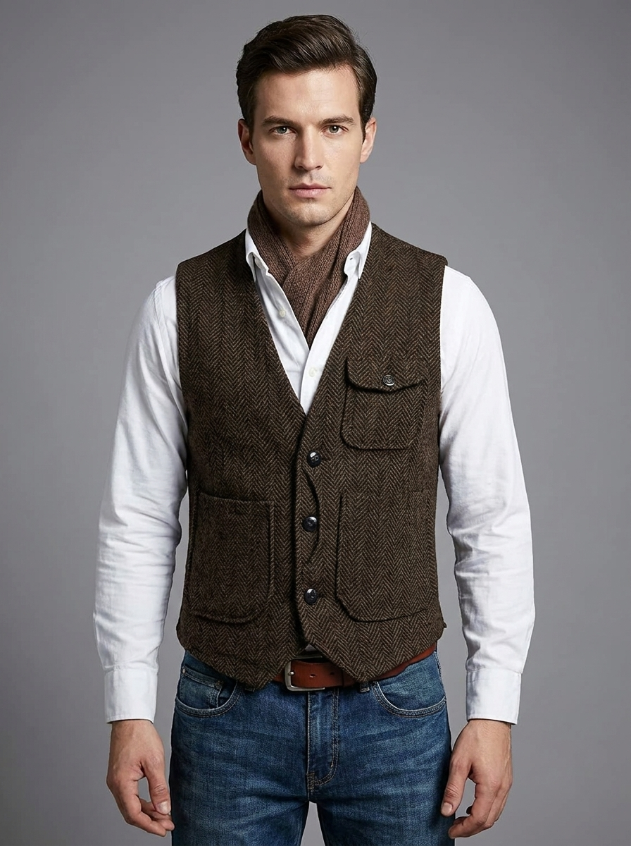 Nathan | Men's Herringbone Waistcoat | Multi-Pocket Tweed-Eltrendio
