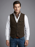 Nathan | Men's Herringbone Waistcoat | Multi-Pocket Tweed-Eltrendio