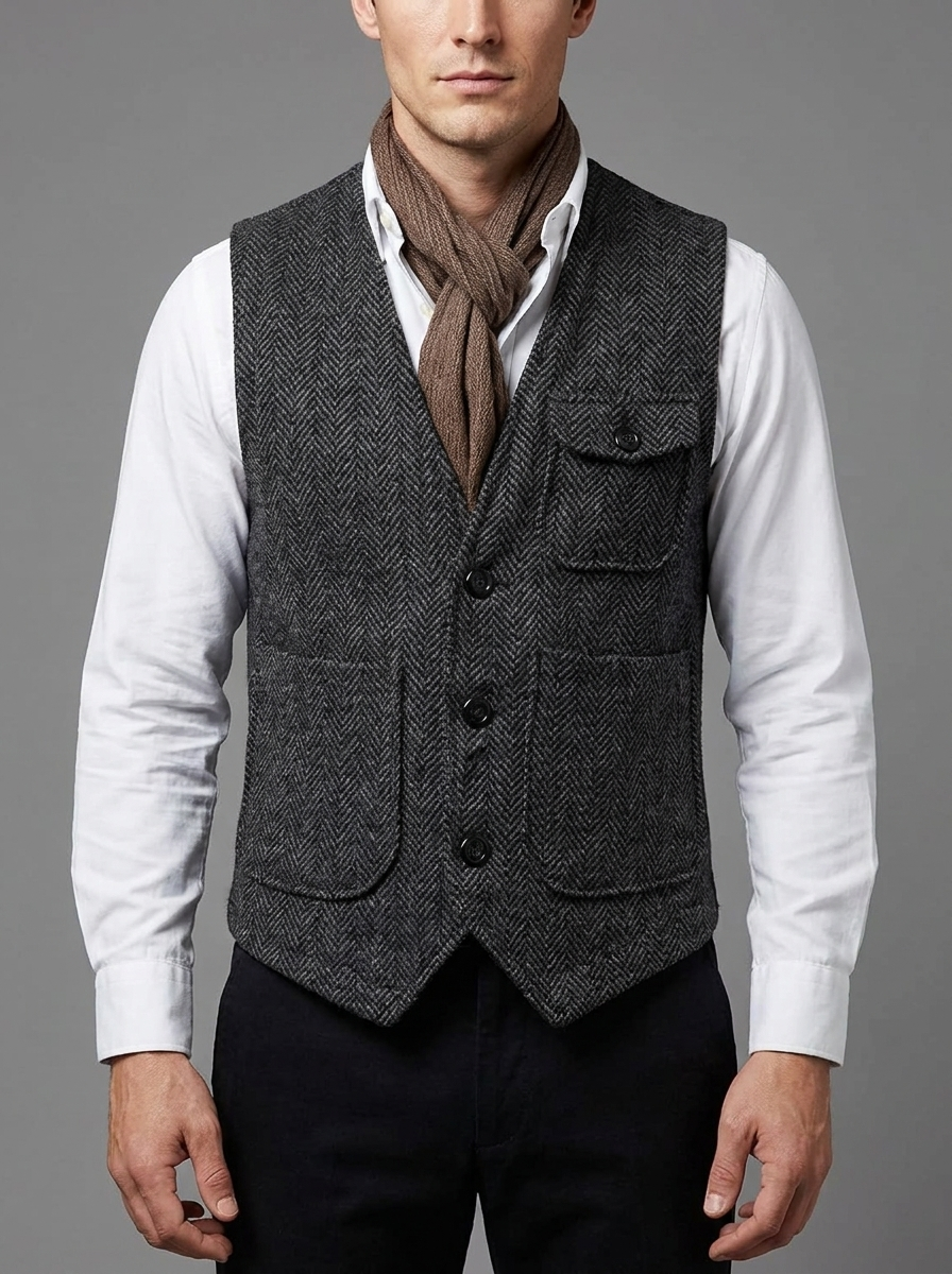 Nathan | Men's Herringbone Waistcoat | Multi-Pocket Tweed-Eltrendio