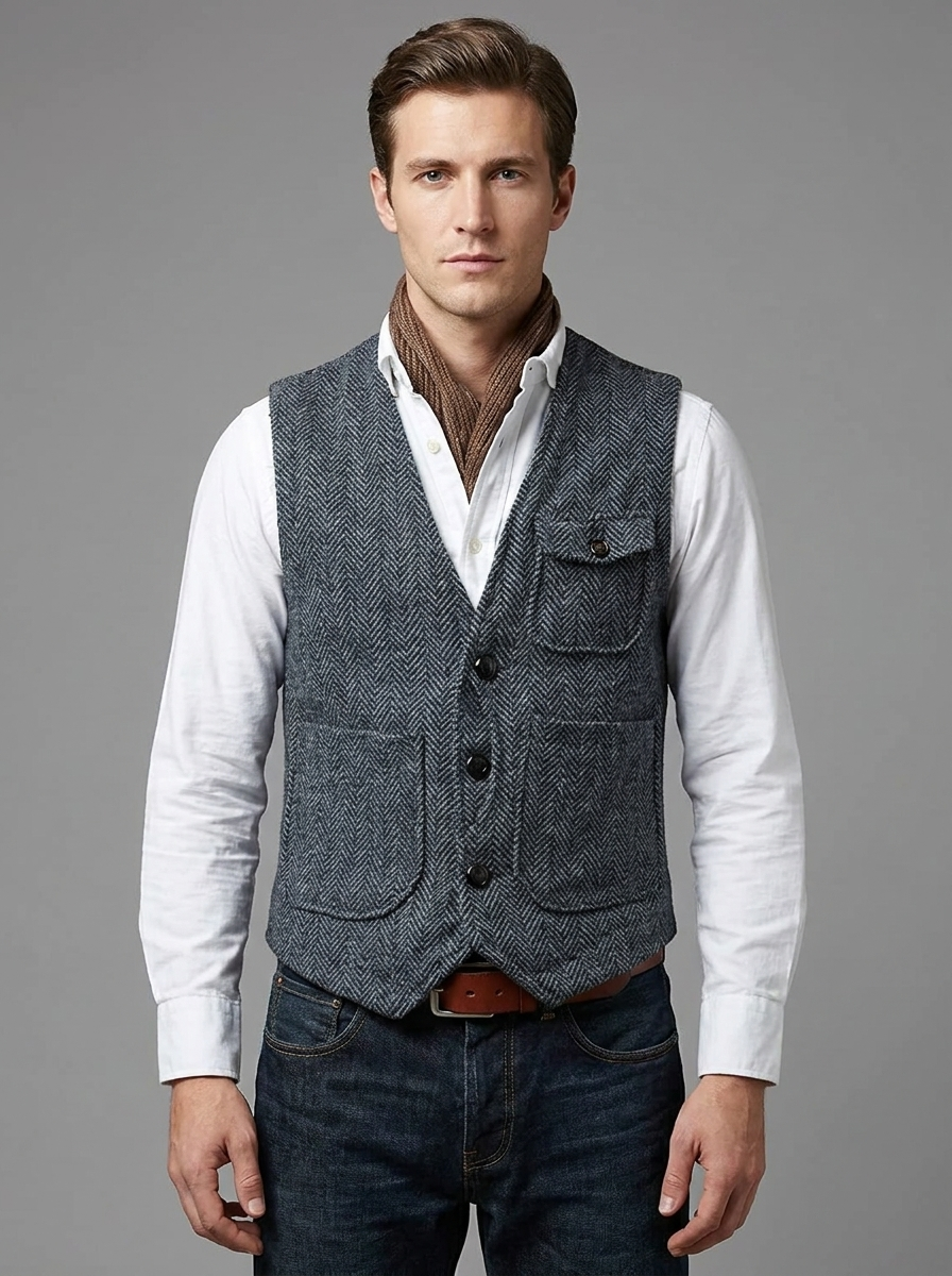 Nathan | Men's Herringbone Waistcoat | Multi-Pocket Tweed-Eltrendio