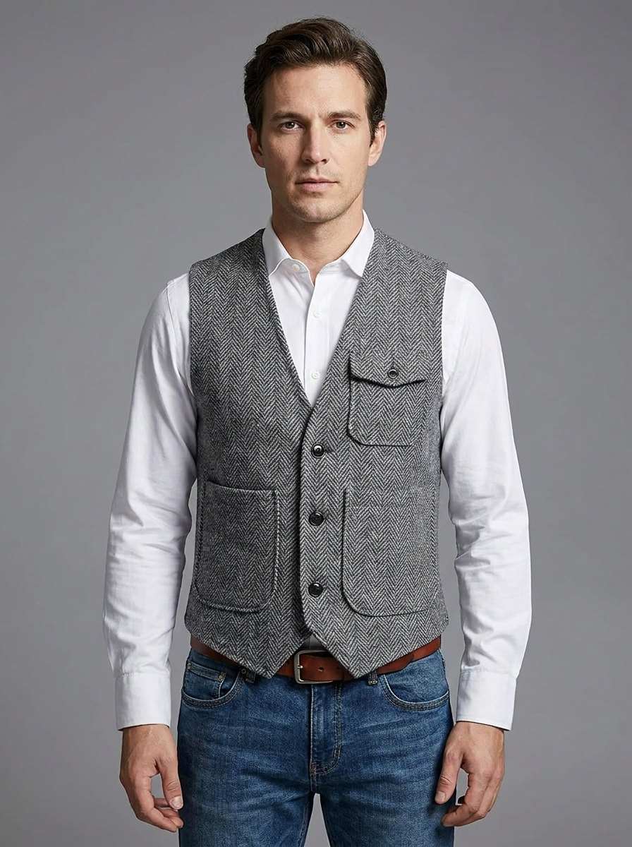 Nathan | Men's Herringbone Waistcoat | Multi-Pocket Tweed-Eltrendio