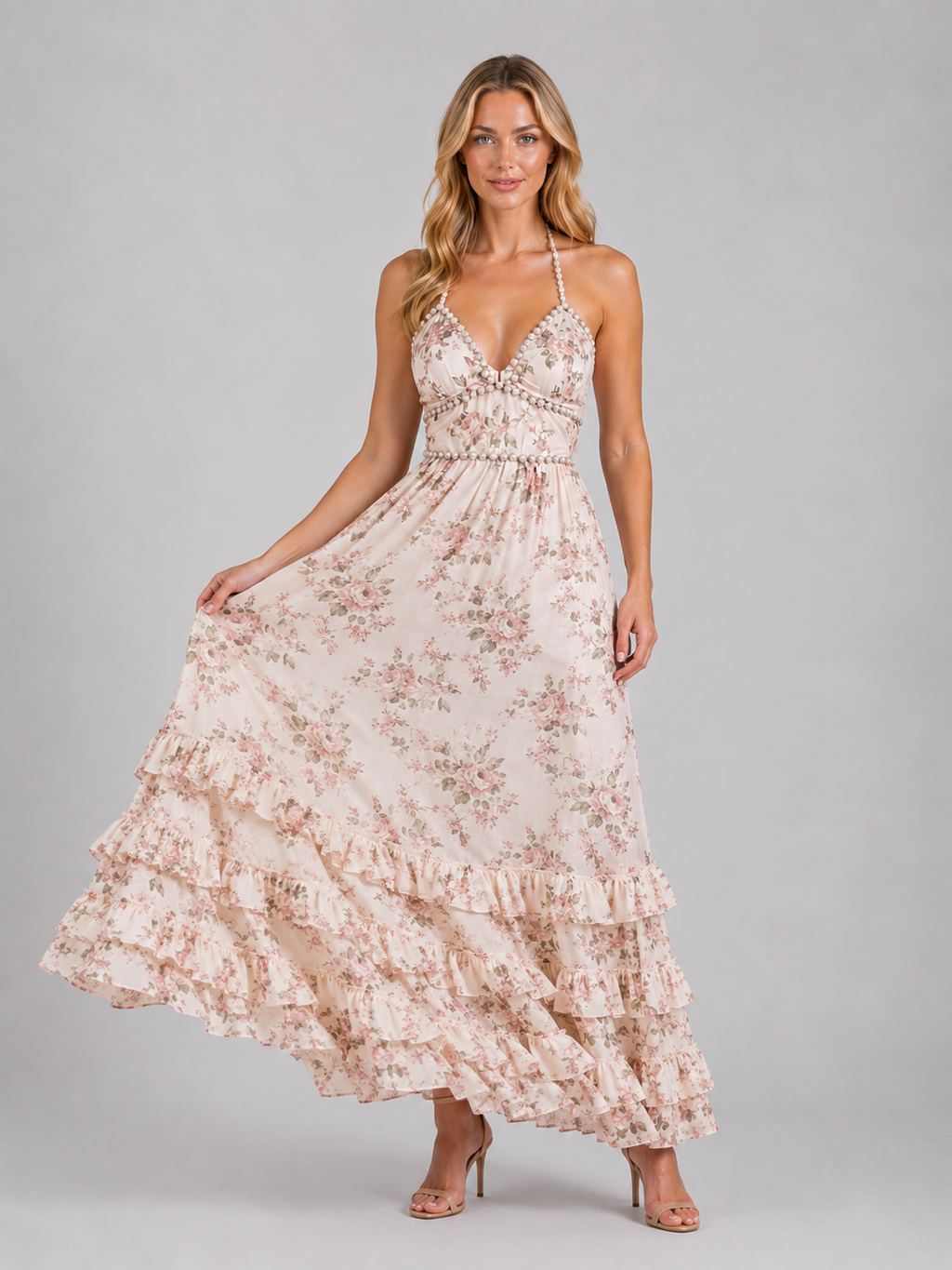 Emmeline | Women’s Floral Maxi Dress | Halter Neck Wedding Guest-Women Dress-Eltrendio