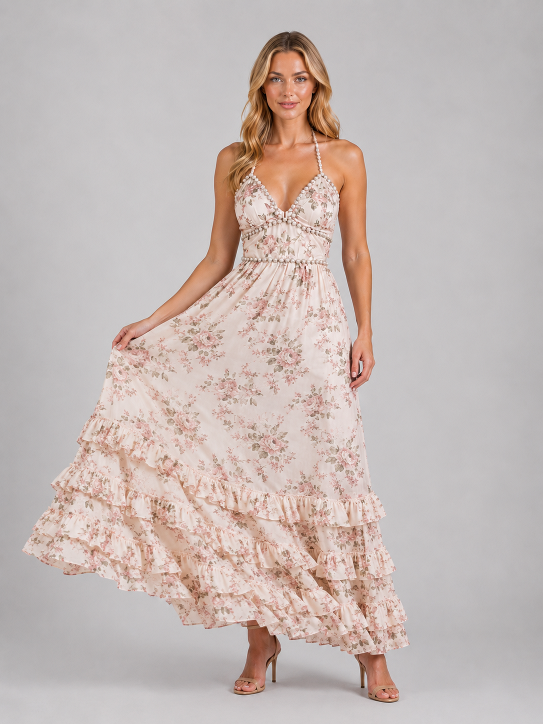 Emmeline | Women’s Floral Maxi Dress | Halter Neck Wedding Guest-Women Dress-Eltrendio