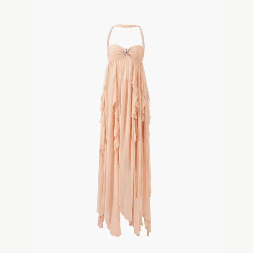 Florence | Women’s Halter Neck Maxi Dress | Twist Front Layered Hem Occasion Wear-Women Dress-Eltrendio