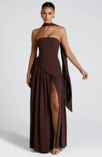 Florence | Women's Strapless Maxi Dress | High Split Draped Panel Anniversary Celebration-Women Dress-Eltrendio