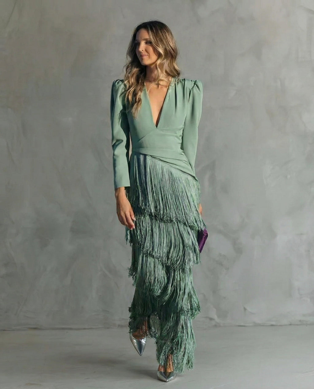 Genevieve | Women's Fringe Maxi Dress | V Neck Long Sleeve Cocktail Event Dress-Women Dress-Eltrendio