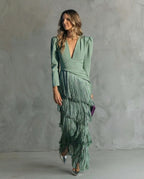 Genevieve | Women's Fringe Maxi Dress | V Neck Long Sleeve Cocktail Event Dress-Women Dress-Eltrendio