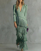 Genevieve | Women's Fringe Maxi Dress | V Neck Long Sleeve Cocktail Event Dress-Women Dress-Eltrendio