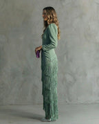 Genevieve | Women's Fringe Maxi Dress | V Neck Long Sleeve Cocktail Event Dress-Women Dress-Eltrendio