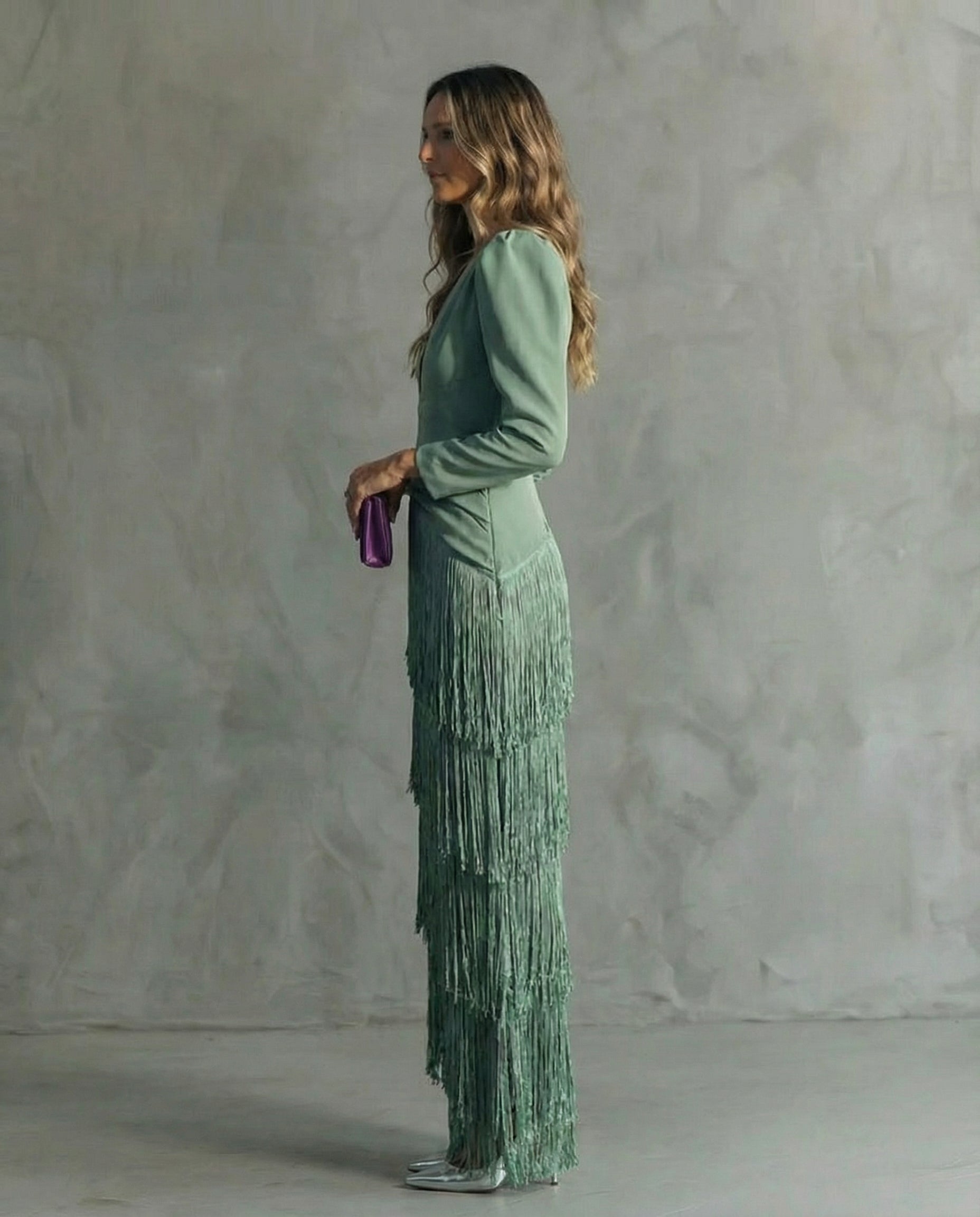Genevieve | Women's Fringe Maxi Dress | V Neck Long Sleeve Cocktail Event Dress-Women Dress-Eltrendio