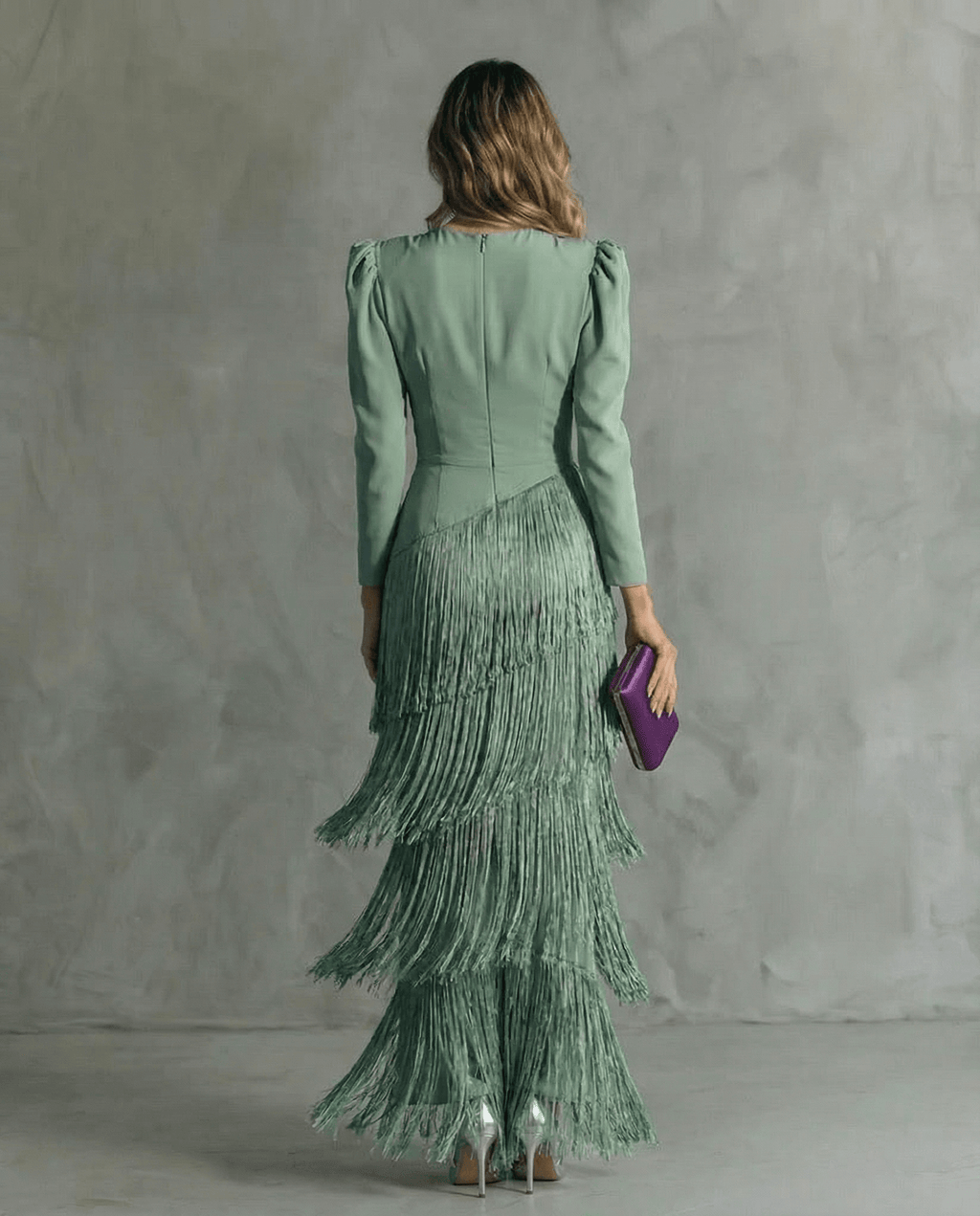 Genevieve | Women's Fringe Maxi Dress | V Neck Long Sleeve Cocktail Event Dress-Women Dress-Eltrendio