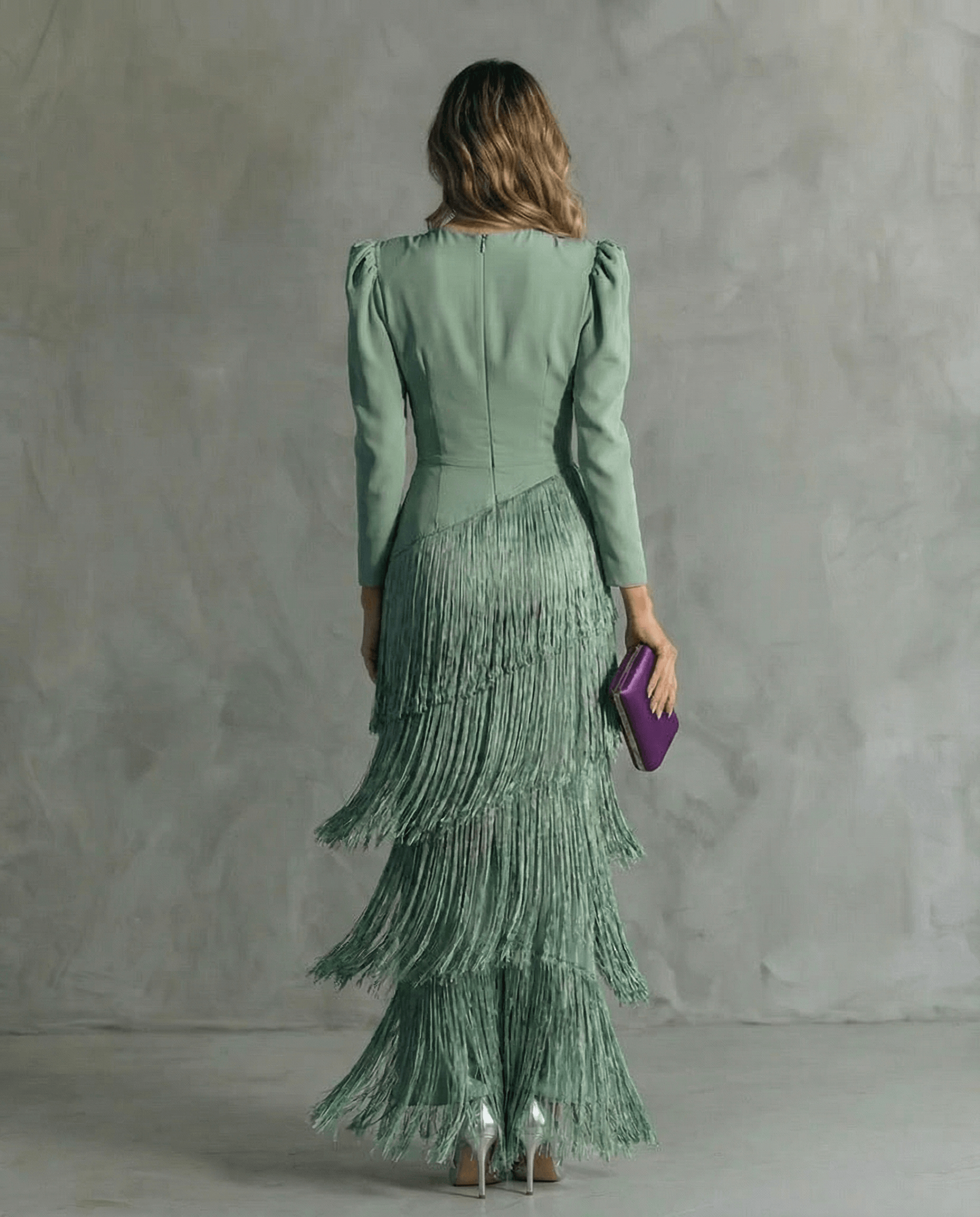 Genevieve | Women's Fringe Maxi Dress | V Neck Long Sleeve Cocktail Event Dress-Women Dress-Eltrendio