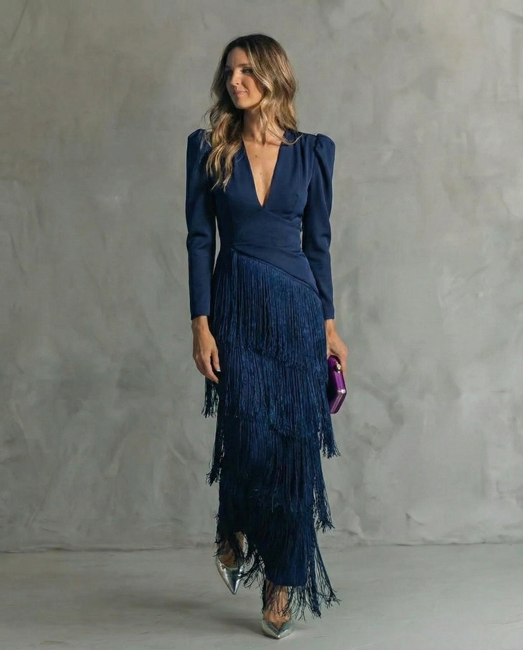 Genevieve | Women's Fringe Maxi Dress | V Neck Long Sleeve Cocktail Event Dress-Women Dress-Eltrendio