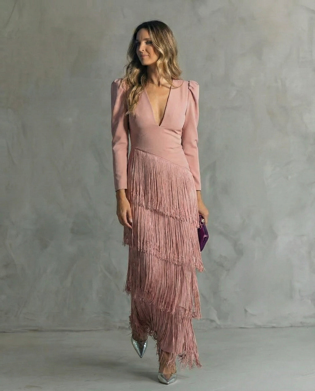Genevieve | Women's Fringe Maxi Dress | V Neck Long Sleeve Cocktail Event Dress-Women Dress-Eltrendio
