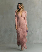Genevieve | Women's Fringe Maxi Dress | V Neck Long Sleeve Cocktail Event Dress-Women Dress-Eltrendio
